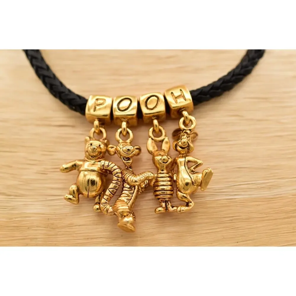 Disney Winnie the Pooh Charm Necklace Black Braided Cord Gold-Tone 1990s BinBE